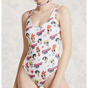 PowerPuff Girls White One Piece Swimsuit SMALL High Cut Cartoon Network Rare